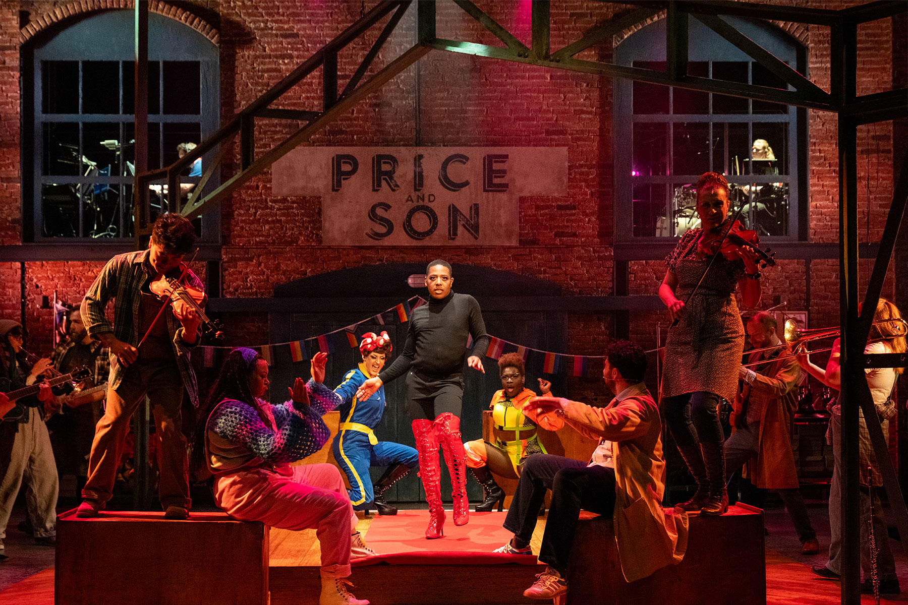 Duane-Lamonte O’Garro (as Lola) and the cast of Kinky Boots at Storyhouse Chester