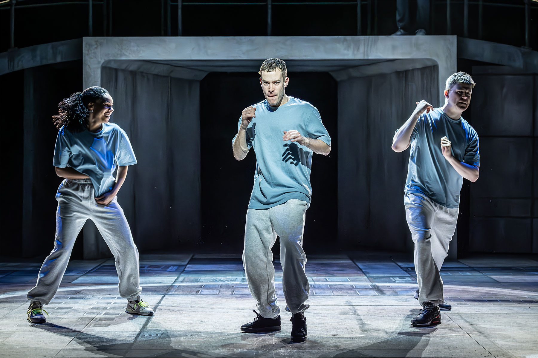 Shalisha James-Davis, David Shields and Alec Boaden in a scene from Punch at Nottingham Playhouse