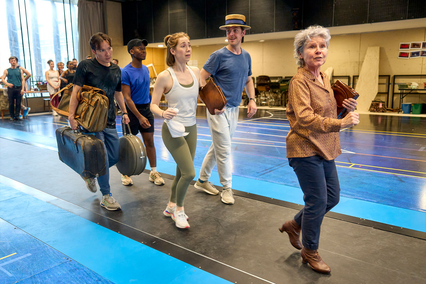 Michael Lin, Tyrone Huntley, Emily Langham, Harry Hepple and Imelda Staunton in rehearsals for Hello, Dolly!