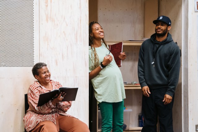Pamela Nomvete, Racheal Ofori and Branden Cook in rehearsals for SKELETON CREW Donmar Warehouse photo by Helen Murray