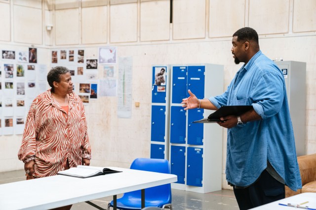 Pamela Nomvete and Tobi Bamtefa in rehearsals for SKELETON CREW Donmar Warehouse photo by Helen Murray