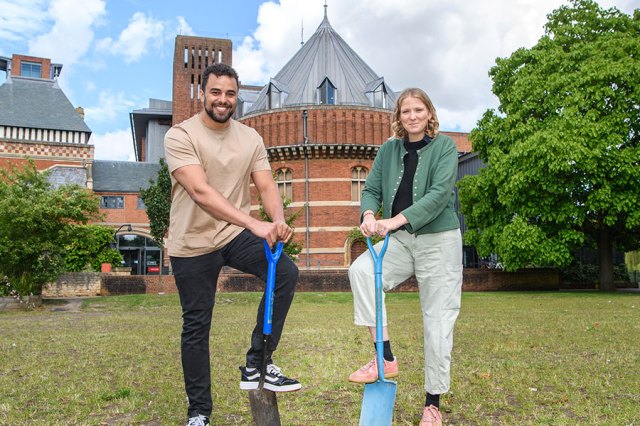 Luke Brady (Orlando) and Letty Thomas (Rosalind) 'breaking ground' on the site of The Holloway Garden Theatre. © RSC, photo by Simon Hadley
