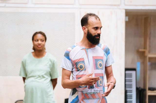 Racheal Ofori and director Matthew Xia in rehearsals for SKELETON CREW Donmar Warehouse photo by Helen Murray