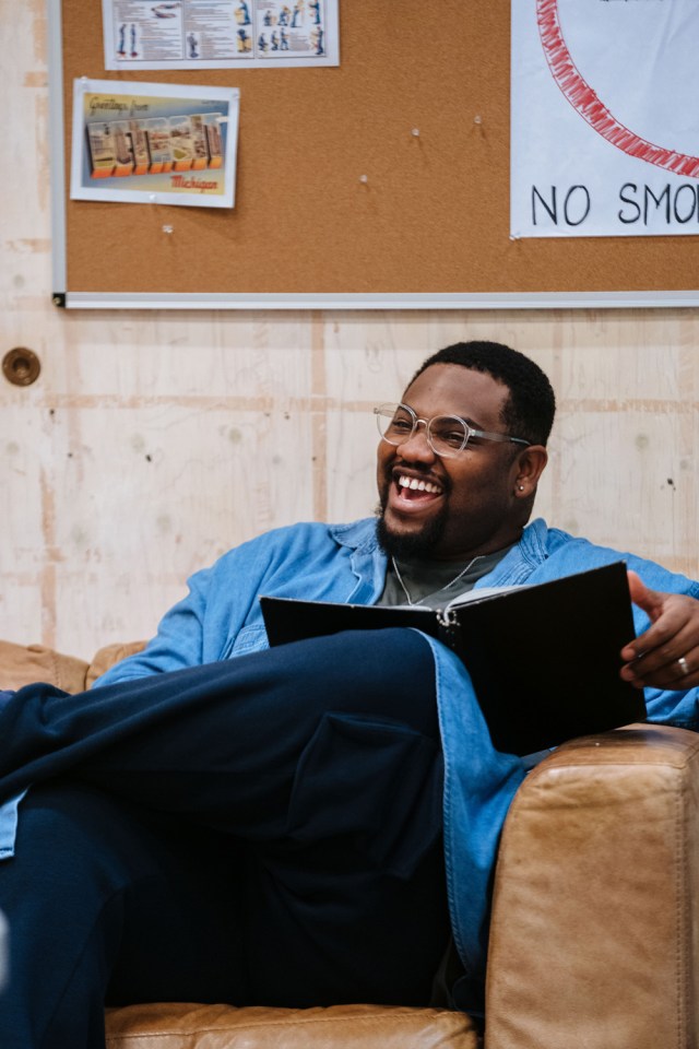 Tobi Bamtefa in rehearsals for SKELETON CREW Donmar Warehouse photo by Helen Murray