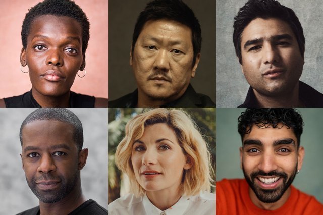 Headshots of (clockwise) Sheila Atim, Benedict Wong, Nick Mohammed, Mawaan Rizwan, Jodie Whittaker and Adrian Lester