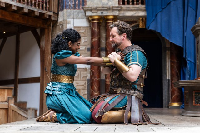 Nadia Nadarajah and John Hollingworth in a scene from Antony and Cleopatra at Shakespeare's Globe