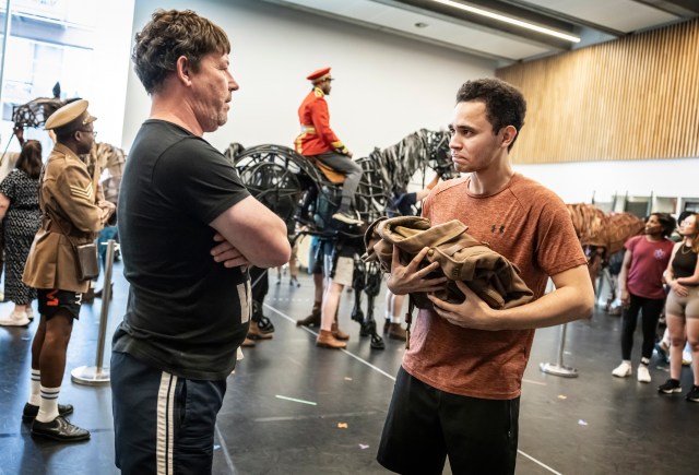 Gareth Radcliffe, Haydn Burke and the cast of War Horse in rehearsals. Credit Pamela Raith Photography. 083