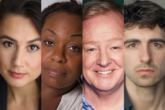 Headshots of Rebekah Lowings, Jacqui Dubois, Les Dennis and Josh St Clair