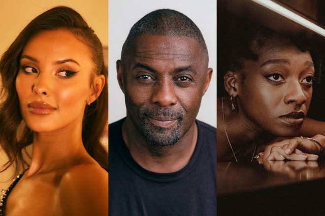 Headshots of Maya Jama, Idris Elba and Little Simz