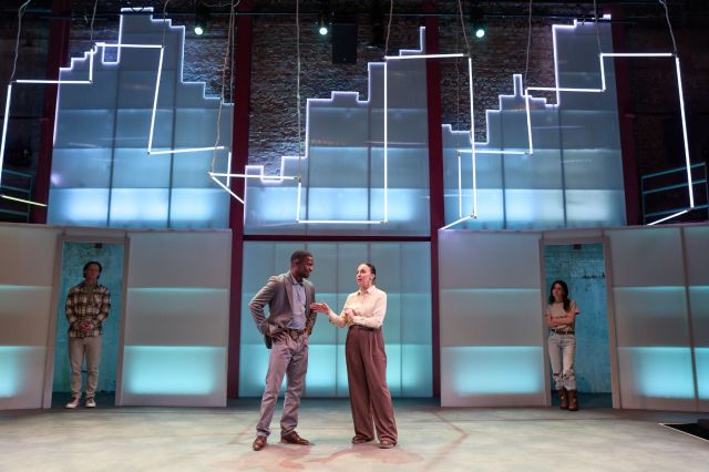 Miles Molan, Tok Stephen, Amanda Abbington and Rosie Day in a scene from When It Happens to You at Park Theatre