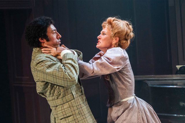Laurence Ubong Williams and Nancy Carroll in a scene from The Cabinet Minister at Menier Chocolate Factory