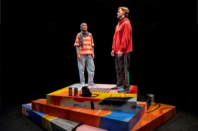 Sera Mustafa (as Qamar) and Brendan Barclay (as Stax) in a scene from Dizzy at the Tanya Moiseiwitsch Playhouse in Sheffield