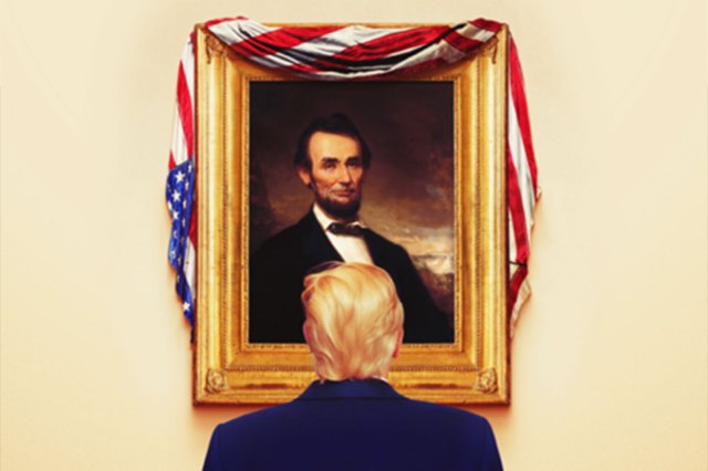 Artwork for Simple8's Land of the Free depicting Donald Trump looking at a portrait of Abraham Lincoln