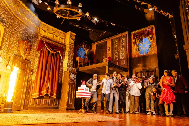 The West End cast of The Play That Goes Wrong with original cast members on the production's tenth anniversary