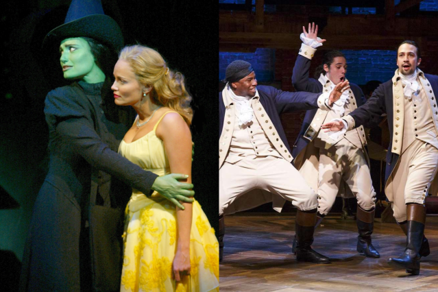 Idina Menzel and Kristin Chenoweth in Wicked, and the original Broadway cast of Hamilton
