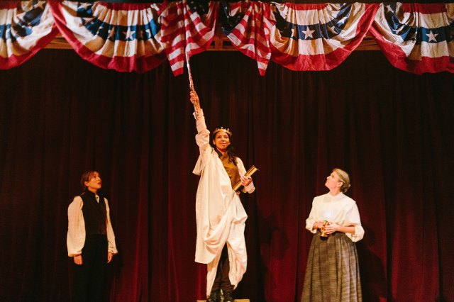 Natalie Law, Sara Lessore and Hannah Emanuel in a scene from Land of the Free at Southwark Playhouse Borough