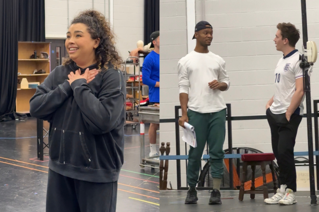 Courtney Bowman, Johannes Radebe and Dan Partridge in rehearsals for Kinky Boots