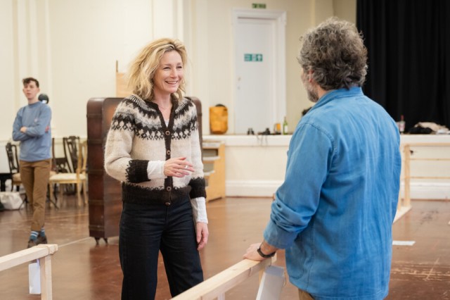 An actress and an actor in a rehearsal room