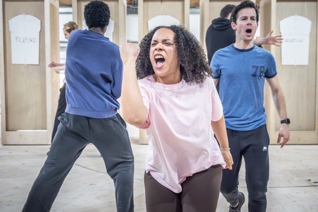 Ellouise Shakespeare Hart (Ensemble) and Philip Labey (Ensemble) in rehearsals for Dear England (2025) at the National Theatre (c) Marc Brenner 3756