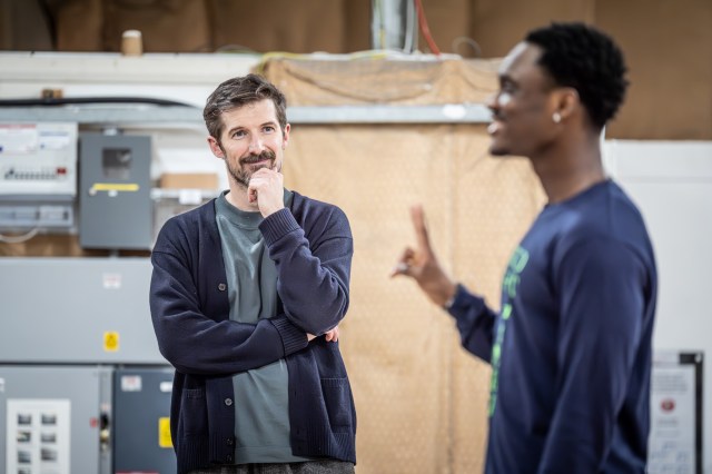 Gwilym Lee (Gareth Southgate) and Tane Siah (Bukayo Saka) in rehearsals for Dear England (2025) at the National Theatre (c) Marc Brenner 565