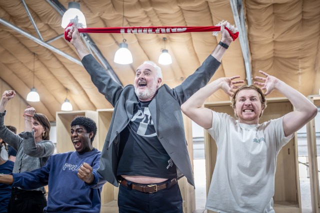 Liz White (Pippa Grange), Jude Carmichael (Marcus Rashford), John Hodgkinson (Greg Clarke) and Ryan Whittle (Harry Kane) in rehearsals for Dear England (2025) at the National Theatre (c) Marc Brenner 5228