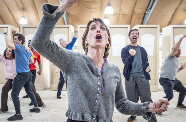 Ellouise Shakespeare-Hart (Ensemble), Tony Turner (Greg Dyke), Liz White (Pippa Grange), Gwilym Lee (Gareth Southgate) and Will Harrison-Wallace (Ensemble) in rehearsals for Dear England (2025) at the National Theatre, © Marc Brenner