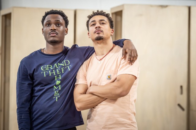Tane Siah (Bukayo Saka) and Kadell Herida (Keiran Trippier) in rehearsals for Dear England (2025) at the National Theatre (c) Marc Brenner 954