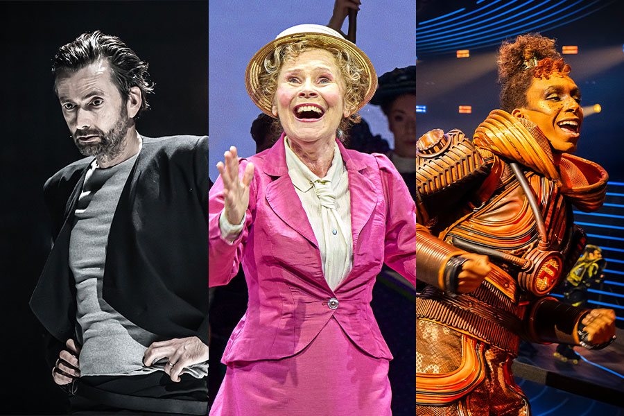 A collage of three actors in three different shows: David Tennant in Macbeth, Imelda Staunton in Hello, Dolly! and Jeevan Braich in Starlight Express