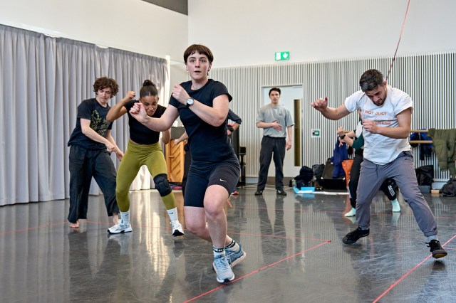 Samuel Blenkin, Romaya Weaver, Alby Baldwin, Brandon Grace and Felipe Pacheco in rehearsal for Hamlet Hail to the Thief