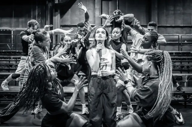 Rachel Zegler and the cast of Evita in rehearsals