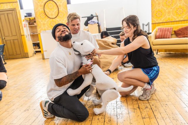Aston Merrygold, Jeff Brazier and Lottie Johnson in rehearsals for 101 Dalmatians