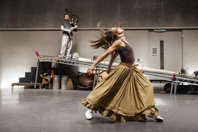 Brigadoon. Robin Mackenzie (Ensemble & Piper) and Chrissy Brooke (Maggie Anderson). Credit Mark Senior (694)
