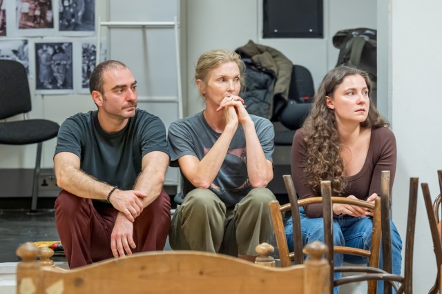 Atilla Akinci (Mayor), Cosima Shaw (Thomas' Mother) and Sasha Syzonenko (Anna) in rehearsals for The Land of the Living at the National Theatre. (c) Marc Brenner 02641