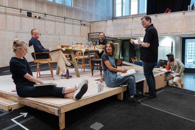 Hattie Morahan, Jonathan Slinger, Sam Troughton, Nadia Parkes, James Macdonald and Terique Jarrett in rehearsals for JUNIPER BLOOD Donmar Warehouse photo by Hele