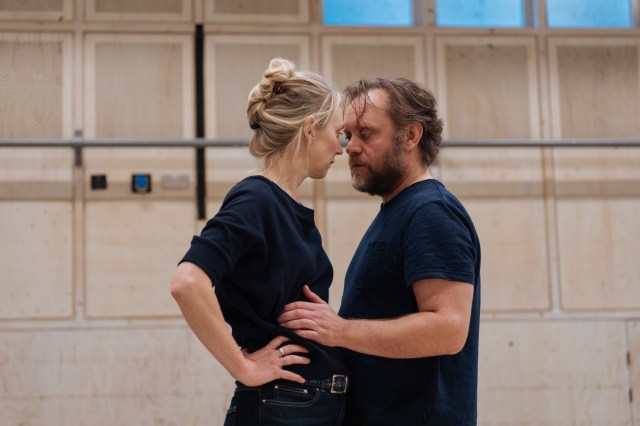 Hattie Morahan and Sam Troughton in rehearsals for JUNIPER BLOOD Donmar Warehouse photo by Helen Murray