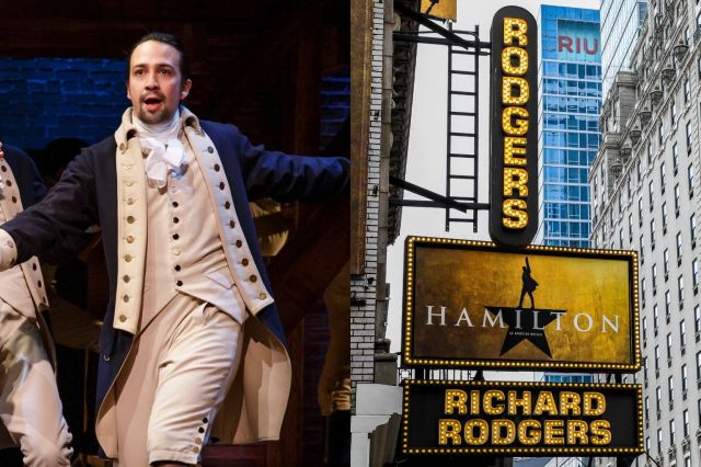 Lin-Manuel Miranda as Hamilton, and the Richard Rodgers Theatre on Broadway
