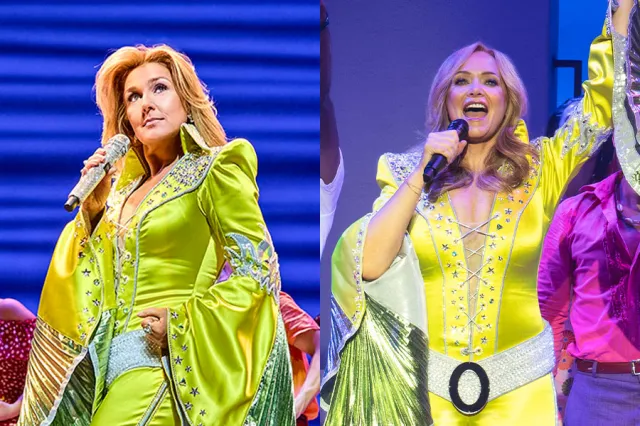 Performers Mazz Murray and Christine Sherrill in yellow Mamma Mia! costumes