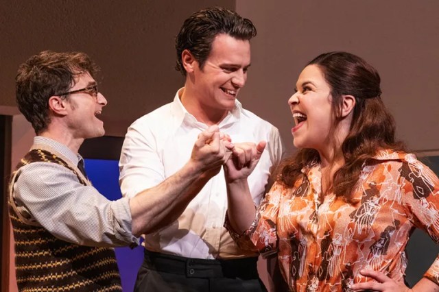 Daniel Radcliffe, Jonathan Groff and Lindsay Mendez in Merrily We Roll Along on Broadway