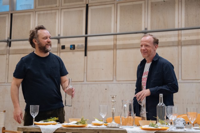Sam Troughton and Jonathan Slinger in rehearsals for JUNIPER BLOOD Donmar Warehouse photo by Helen Murray