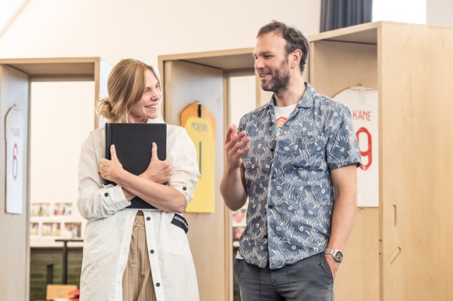 Samantha Womack and David Sturzaker in rehearsals for 'Dear England'. 