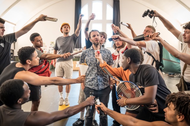 The company in rehearsals for 'Dear England'.