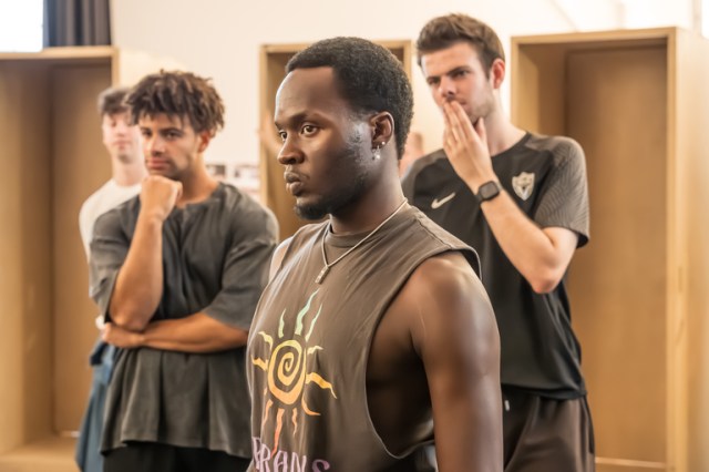 Luke Azille, Ashley Byam, Connor Hawker in rehearsals for 'Dear England'.