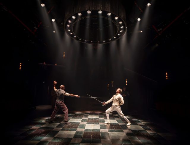 Giles Terera Hamlet Ryan Hutton Laertes in Hamlet at Chichester Festival Theatre. PhotocEllie Kurttz 198