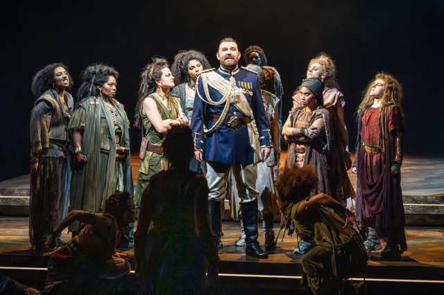 James McArdle (Pentheus) and the company of Bacchae at the National Theatre. Photographer Marc Brenner ONE 03373