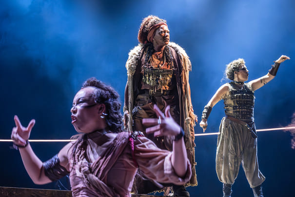 Jessey Stol (Rakhz), Clare Perkins (Vida) and Anna Russell Martin (Kera) in Bacchae at the National Theatre. Photographer Marc Brenner ONE 03025