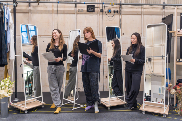Lydia Wilson, Phia Saban and Yerin Ha in rehearsals for THE MAIDS Donmar Warehouse photo by Marc Brenner