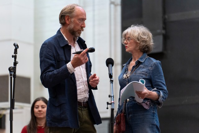 Ryan Ellsworth (Ghost) and Siobhan Redmond (First Player) in rehearsals for Hamlet at the National Theatre. (c) Sam Taylor 110