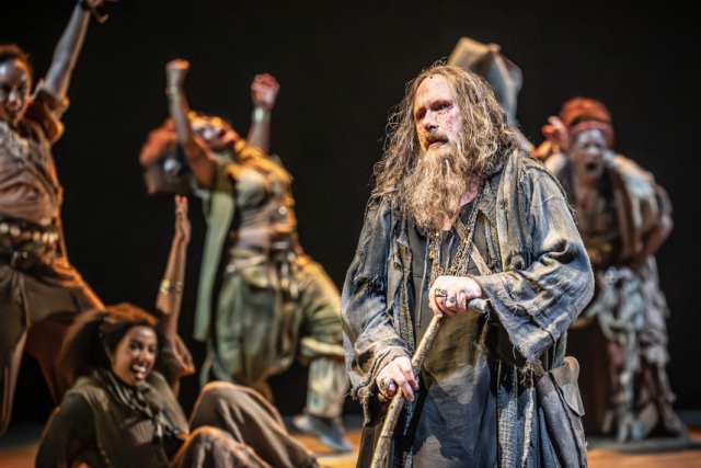 Simon Startin (Tireseus) and the company of Bacchae at the National Theatre. Photographer Marc Brenner ONE 00225