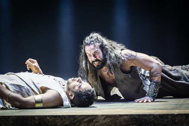 Ukweli Roach (Dionysos) and Reuben Johnson ((Bu)Bull) in Bacchae at the National Theatre. Photographer Marc Brenner TWO 01138
