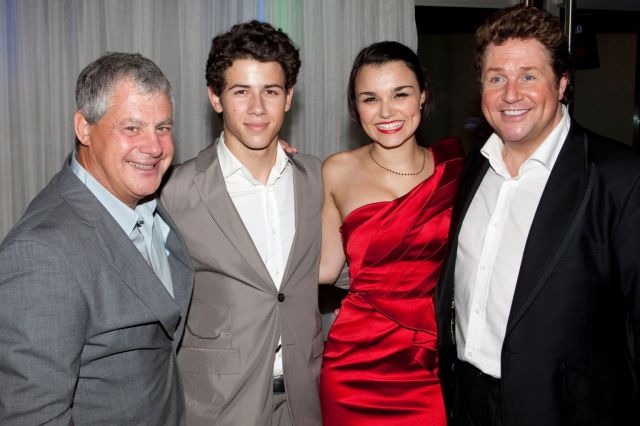 Cameron Mackintosh (Producer), Nick Jonas (Marius), Samantha Barks (Eponine) and Michael Ball (Marius) attend the after party for the Les Miserables 25th Anniversary Concert at The O2 Arena